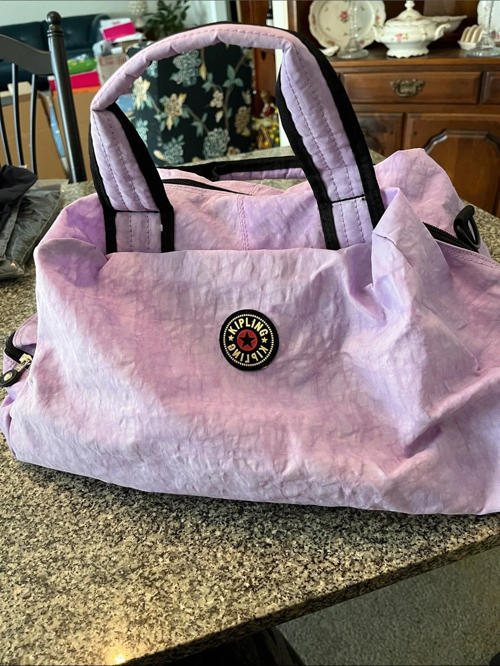 Kipling Lavender Nylon Tote with Monkey Charm and Black Trim